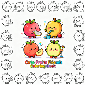 Fruits Coloring Book | Cute Kawaii Fruit Coloring Pages | Printable Coloring Book for Kids & Adults | 20 Pages