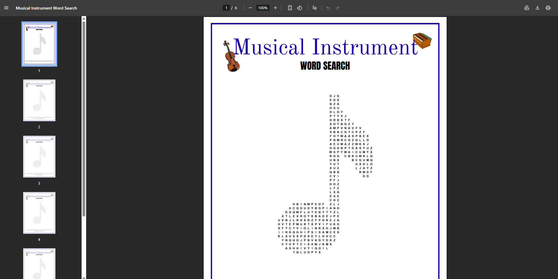 Musical Instruments Word Search Printable (PDF)